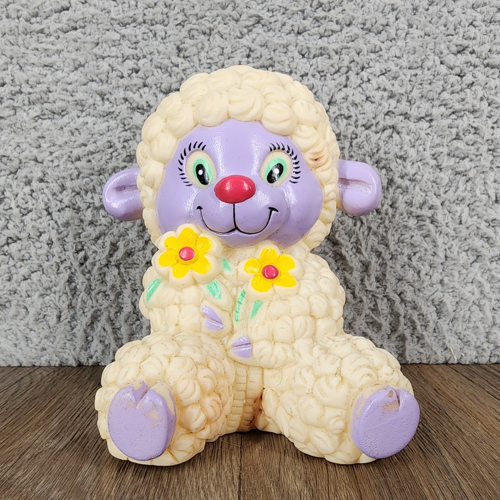 Vintage 1985 Shelcore Lamb Squeak Toy Purple Face Yellow Flowers 5 Inch